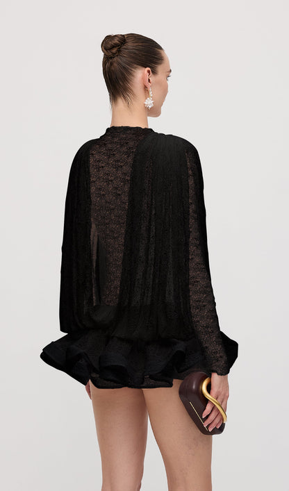Lace Semi Sheer Ruffled Mini Dress In Black