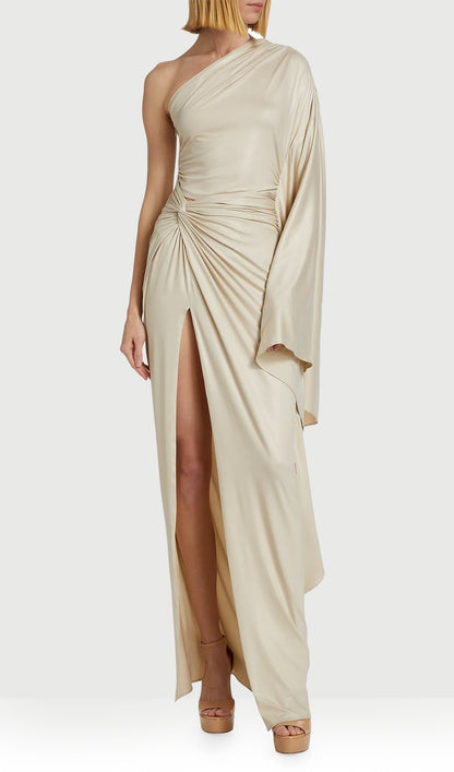 Noor Elegance One Shoulder Coated Jersey Gown