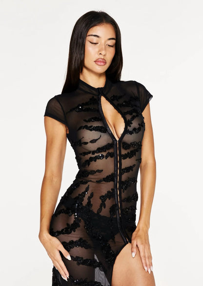 Sheer Mesh Slit Maxi Dress In Black