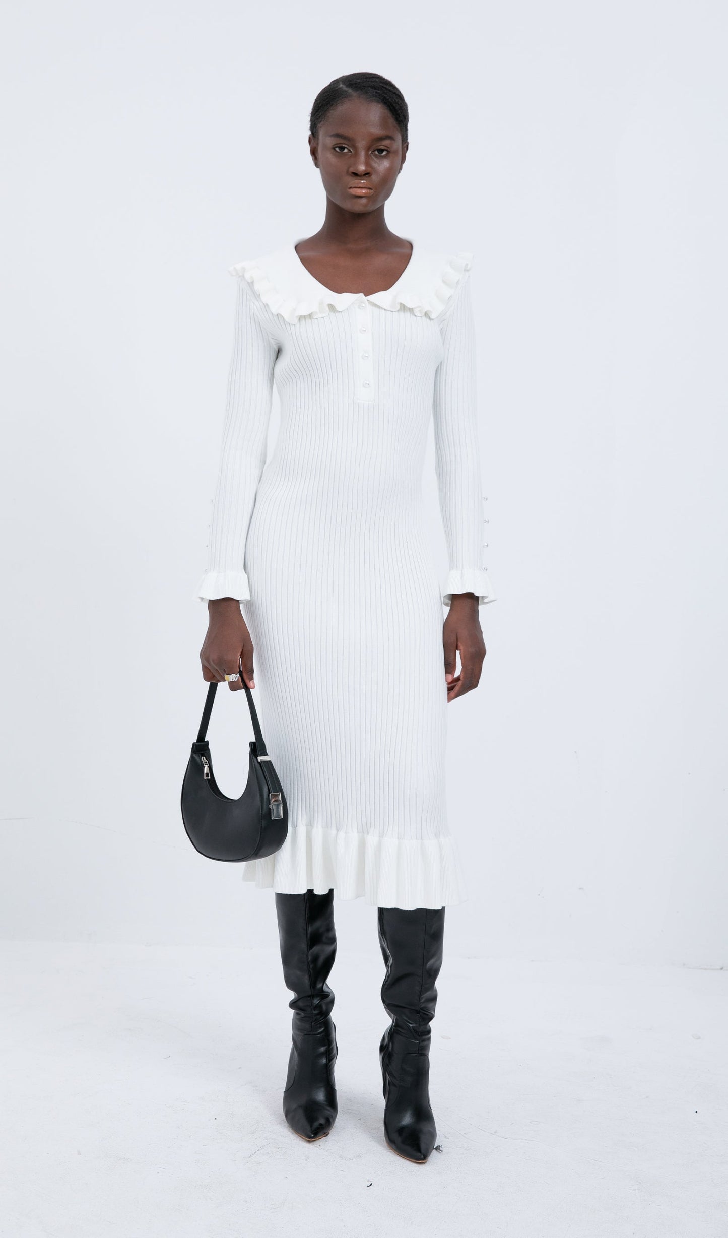 Trendy Knitted Ruffle Midi Dress-White