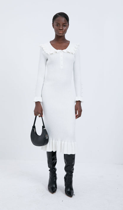 Trendy Knitted Ruffle Midi Dress-White