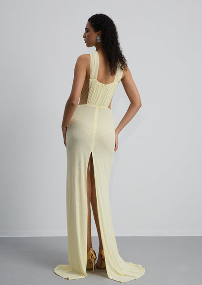 Ruched Halter Neck Slit Gown
