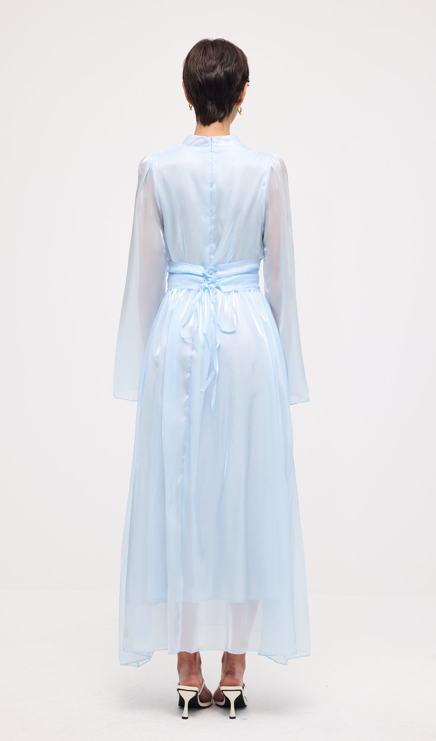 High Neckline Flared Hem Maxi Dress