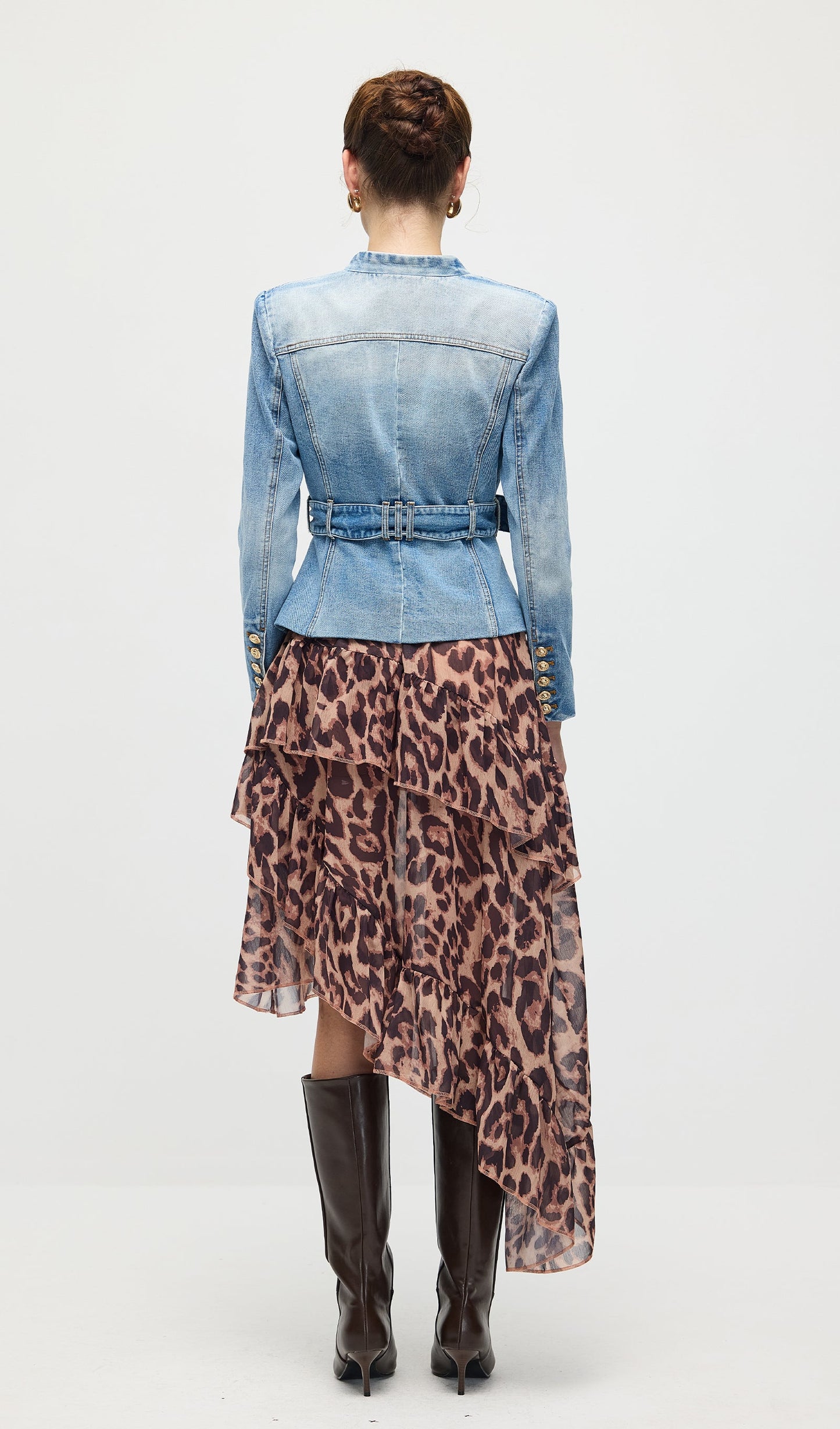Solid V Neck Blue Denim Jacket With Belt