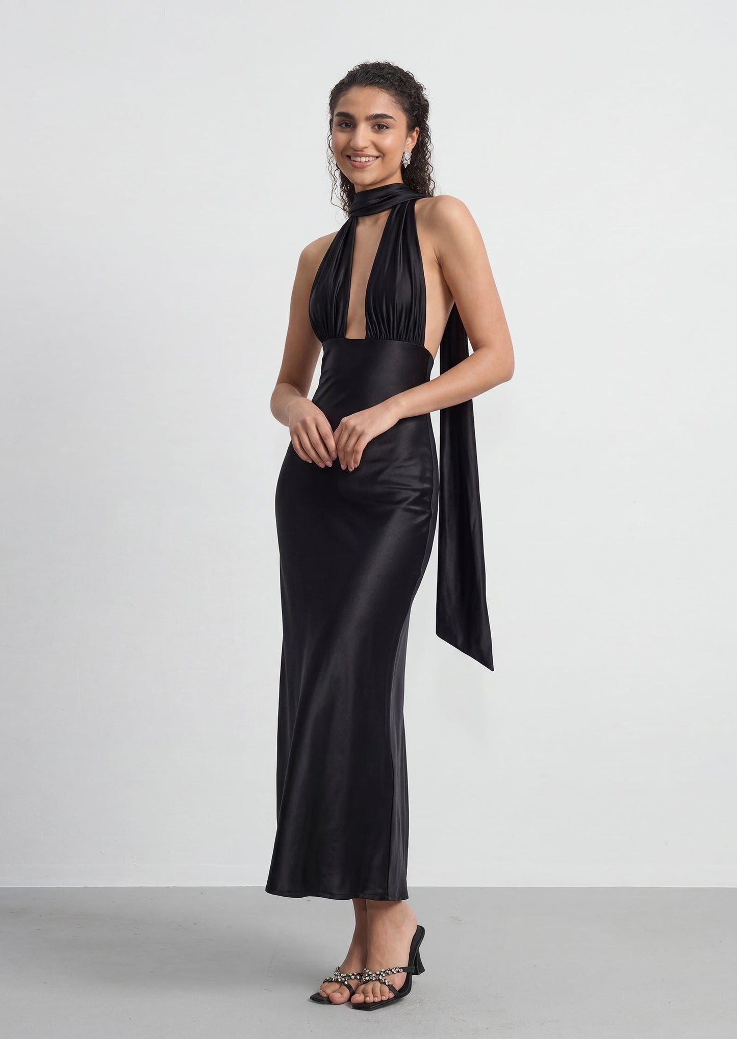 Athena plunging V Neck Satin Maxi Dress In Black