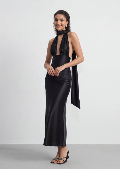 Athena plunging V Neck Satin Maxi Dress In Black