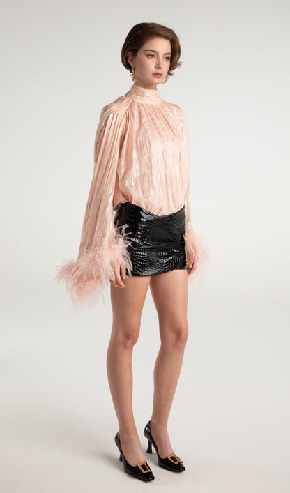 Feather Top & Leather Mini Skirt In Pink