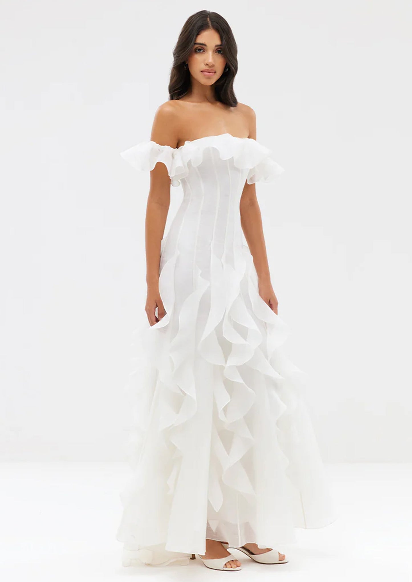 Off Shoulder Ruffled Layered Maxi Dress