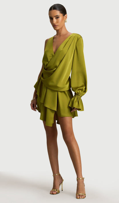 Satin Plunge-Neck Micro Mini Dress