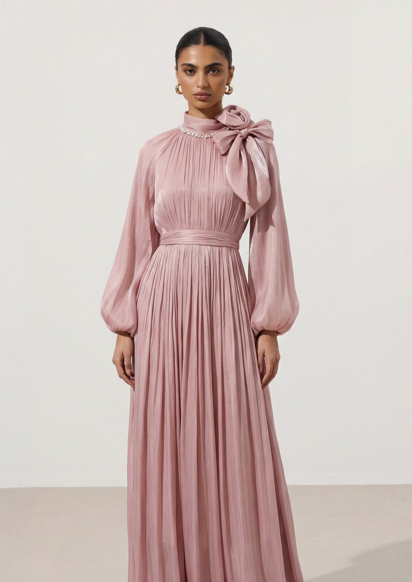 Floral Pleated Glossy Maxi Dress In Pink