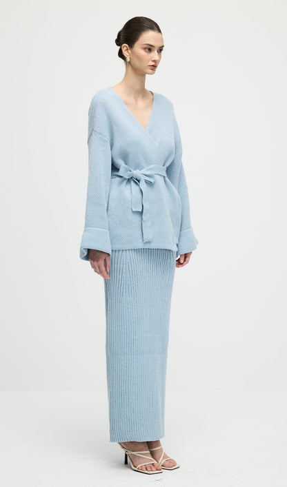 V Neck Waist Tie Knitted Top & Skirt Set