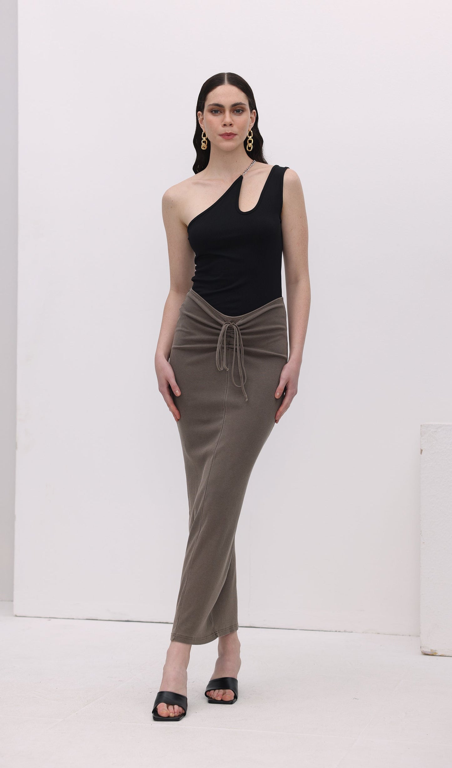 Tie Drape Pleated Midi Skirt