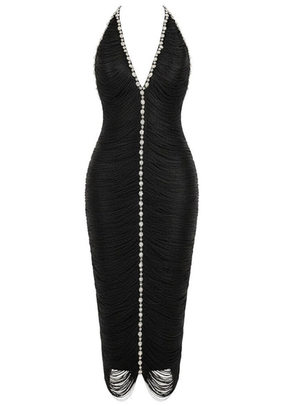 Halterneck Embellished Fringed Midi Dress