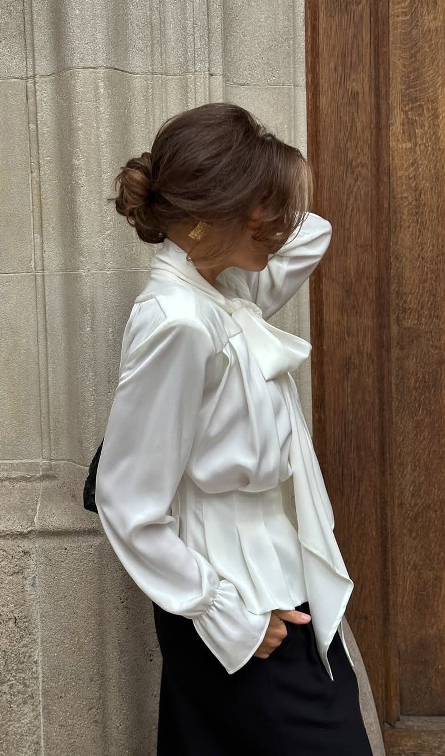 Bow-Tie Fitted Waist Bell Sleeve Shirt