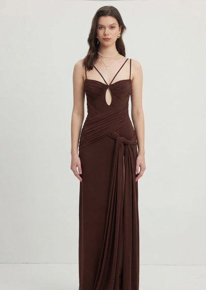 Ruched Draped Cut-Out Split Maxi Dress
