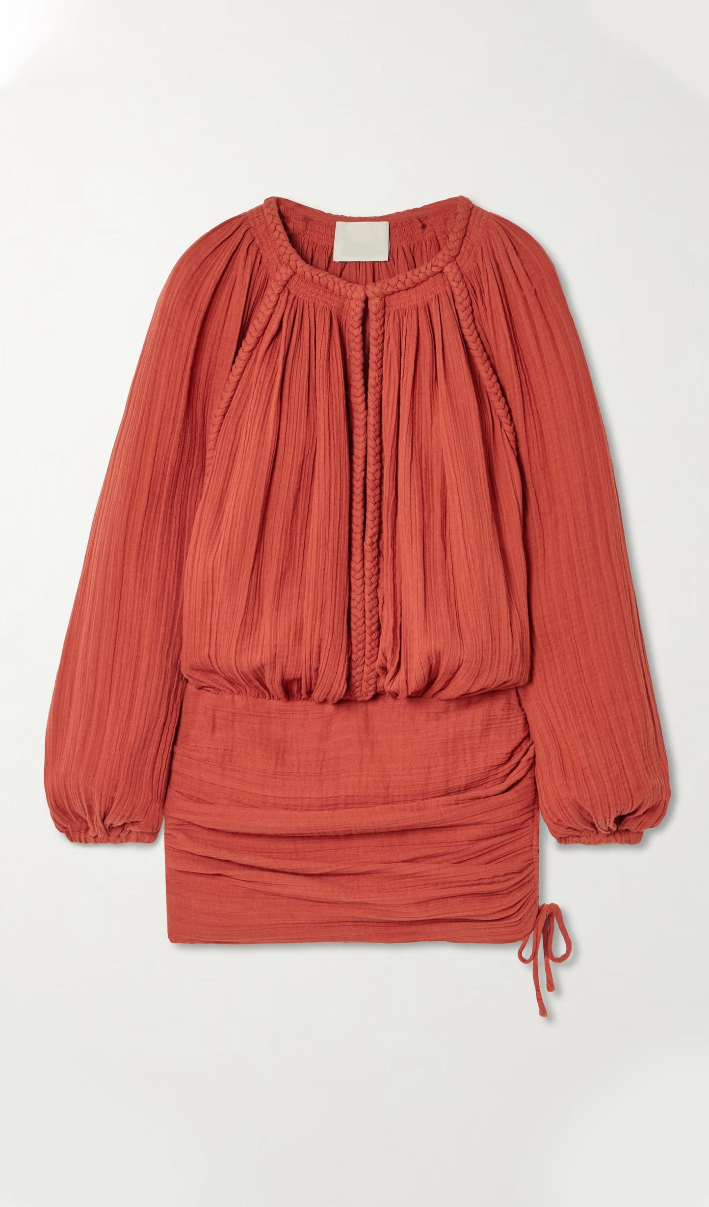 Braided Gathered Cotton Mini Dress