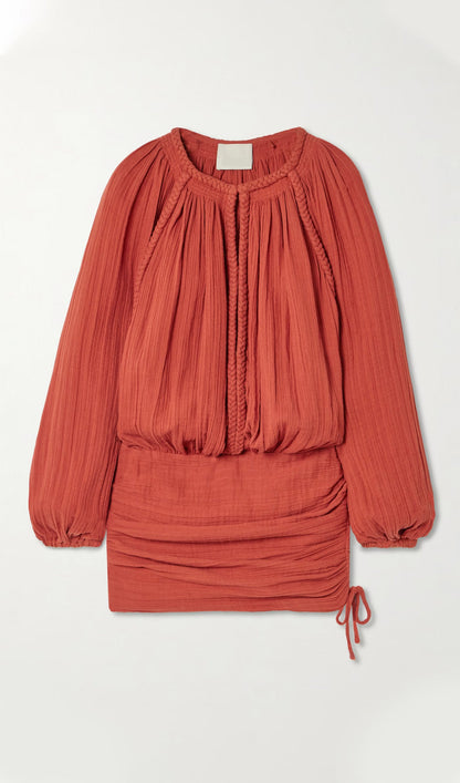 Braided Gathered Cotton Mini Dress