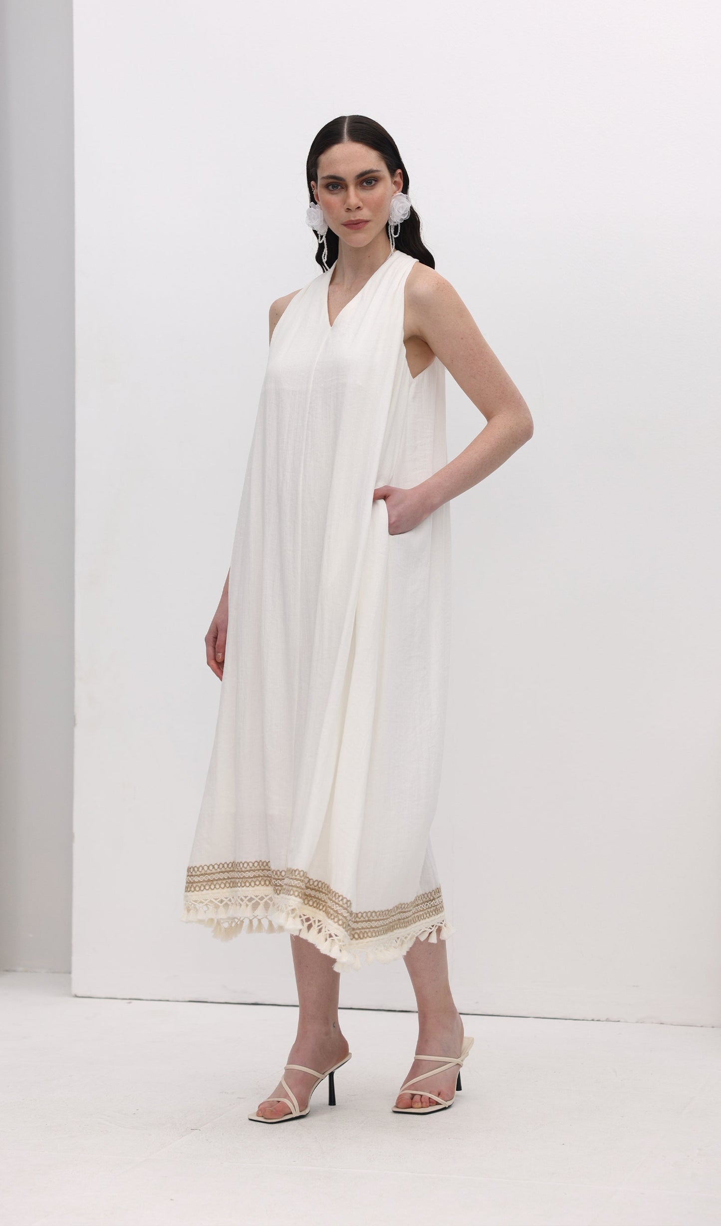 Embroidered Ramie Midi Dress
