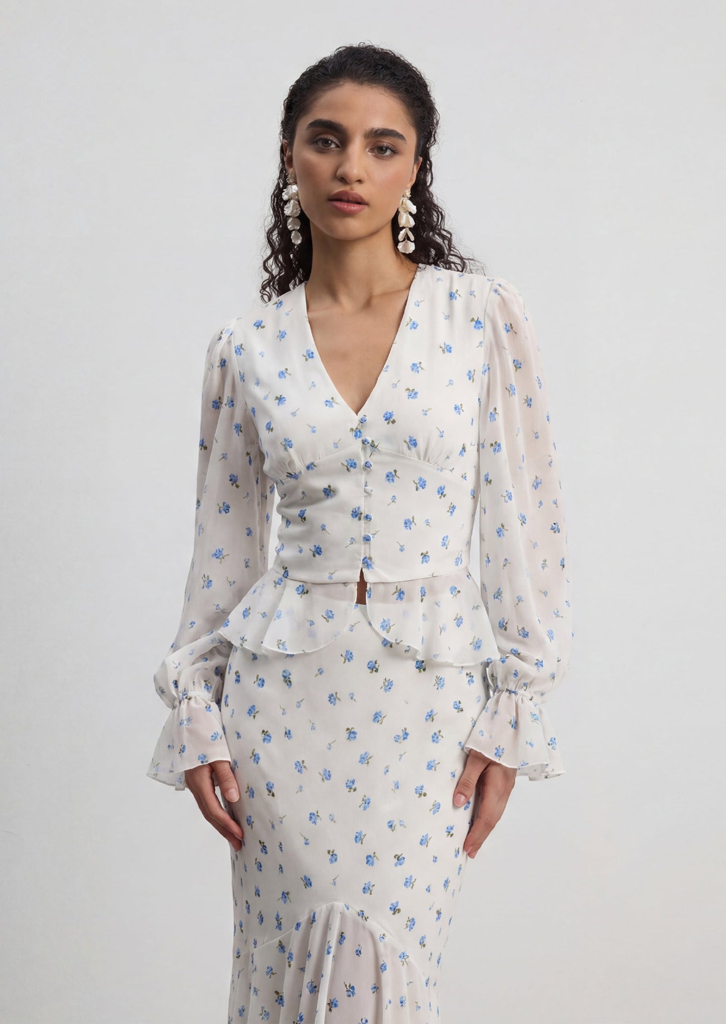 Printed V Neck Shirt & Fishtail Skirt Set