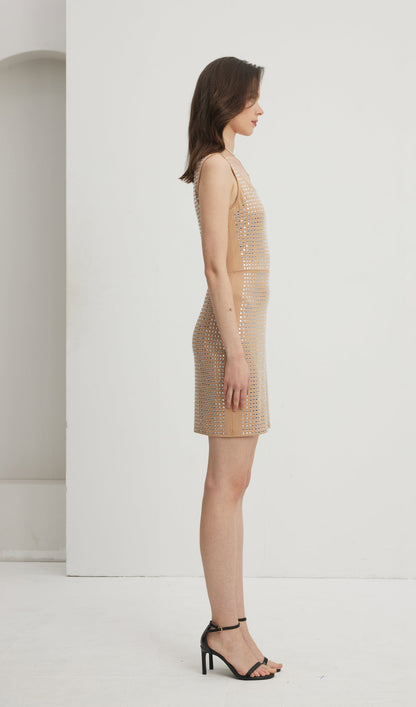 Embellished Square Neck Mini Dress Nude