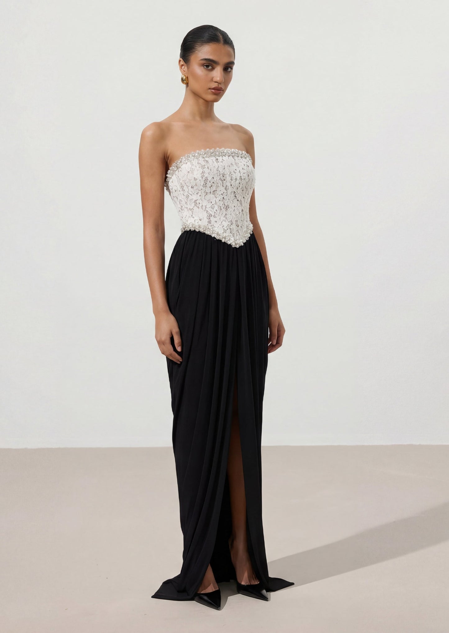 Strapless Lace Beaded Patchwork Maxi Dress