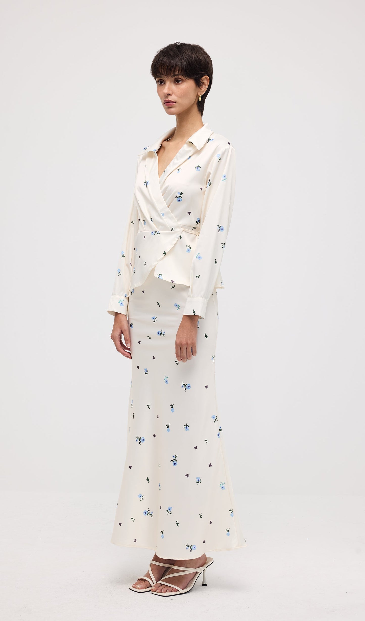 Floral Print Satin Maxi Skirt Two Piece Set