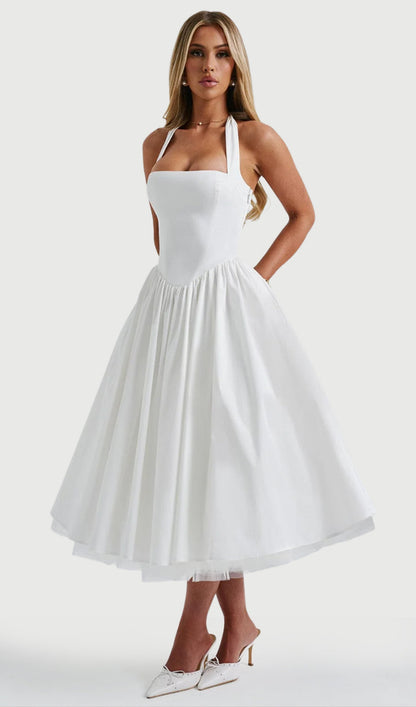 Square Halter Neckline Voluminous Midi Dress In Ivory