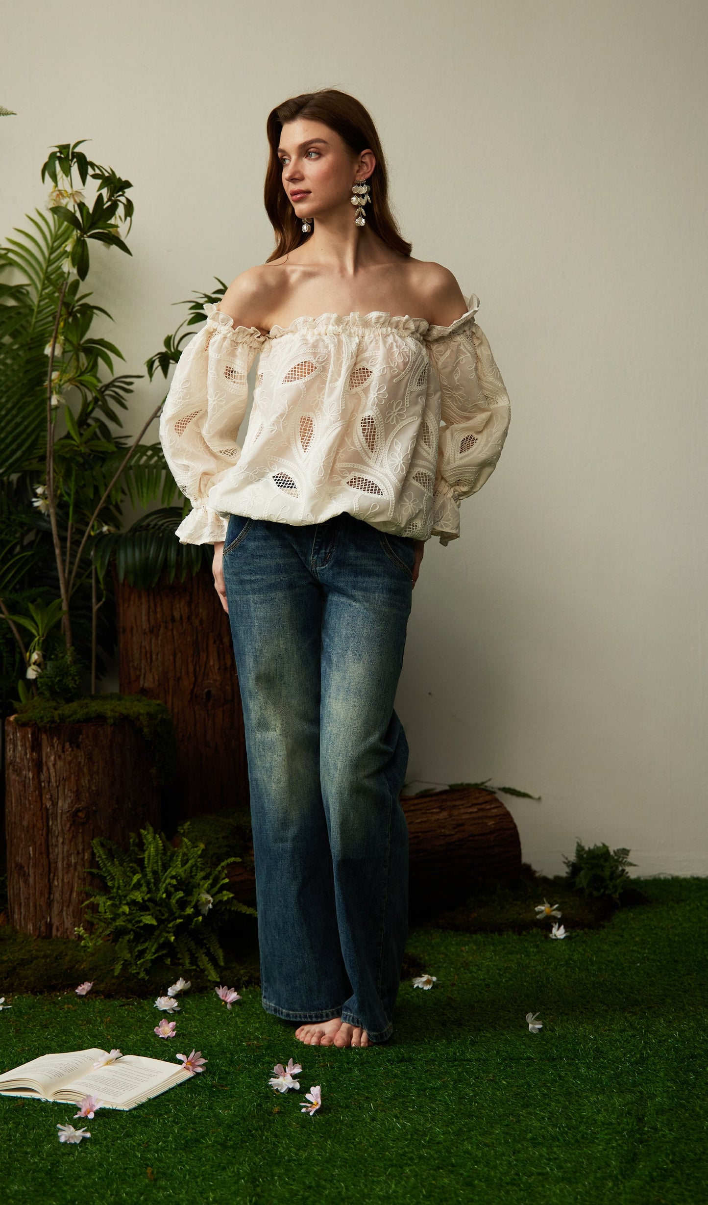 Off Shoulder Ruffled Hollow Out Top