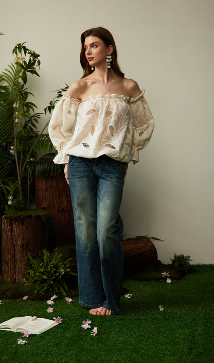 Off Shoulder Ruffled Hollow Out Top