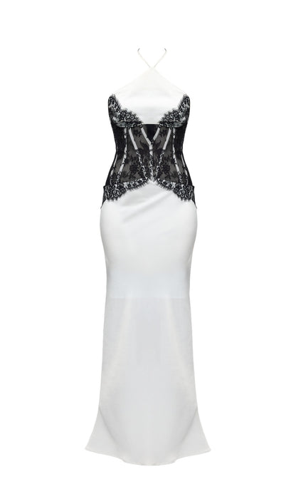 Satin And Lace Corset Midi Dress In White