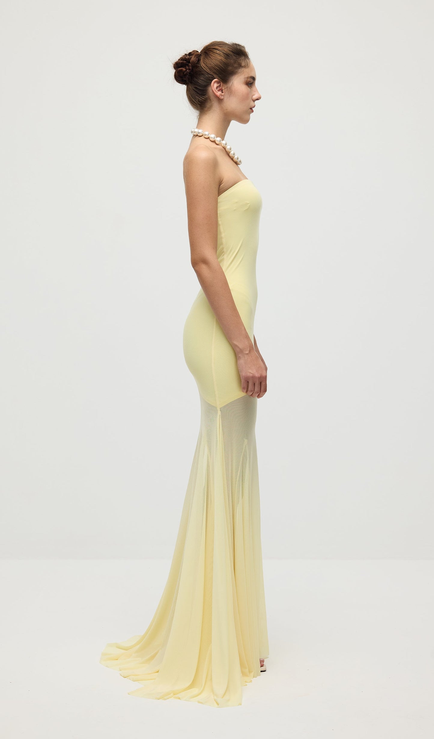 Off Shoulder Jersey With Mesh Maxi Dress In Yellow