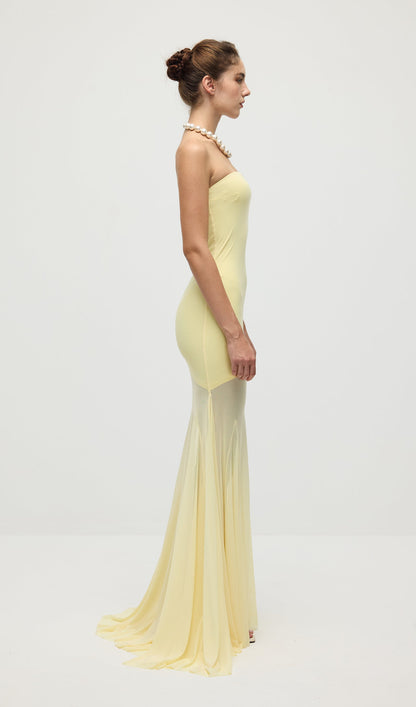 Off Shoulder Jersey With Mesh Maxi Dress In Yellow