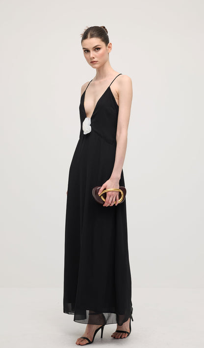 V Neck Halter Maxi Dress In Black
