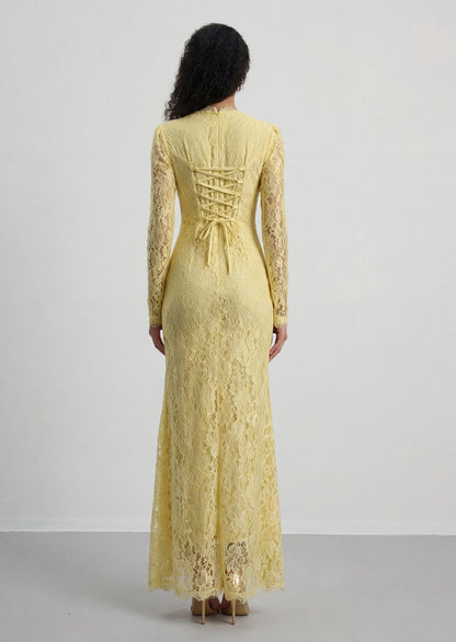 Long Sleeved Back-Tie Lace Maxi Dress In Yellow