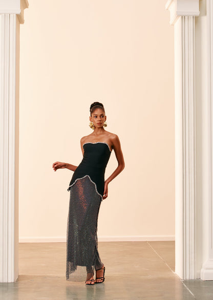 Strapless Beaded Top & Sequined Skirt Set