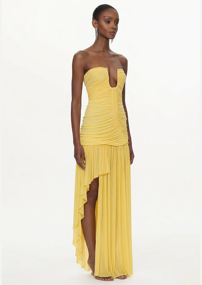 Arced Orion Strapless Maxi Dress In Yellow