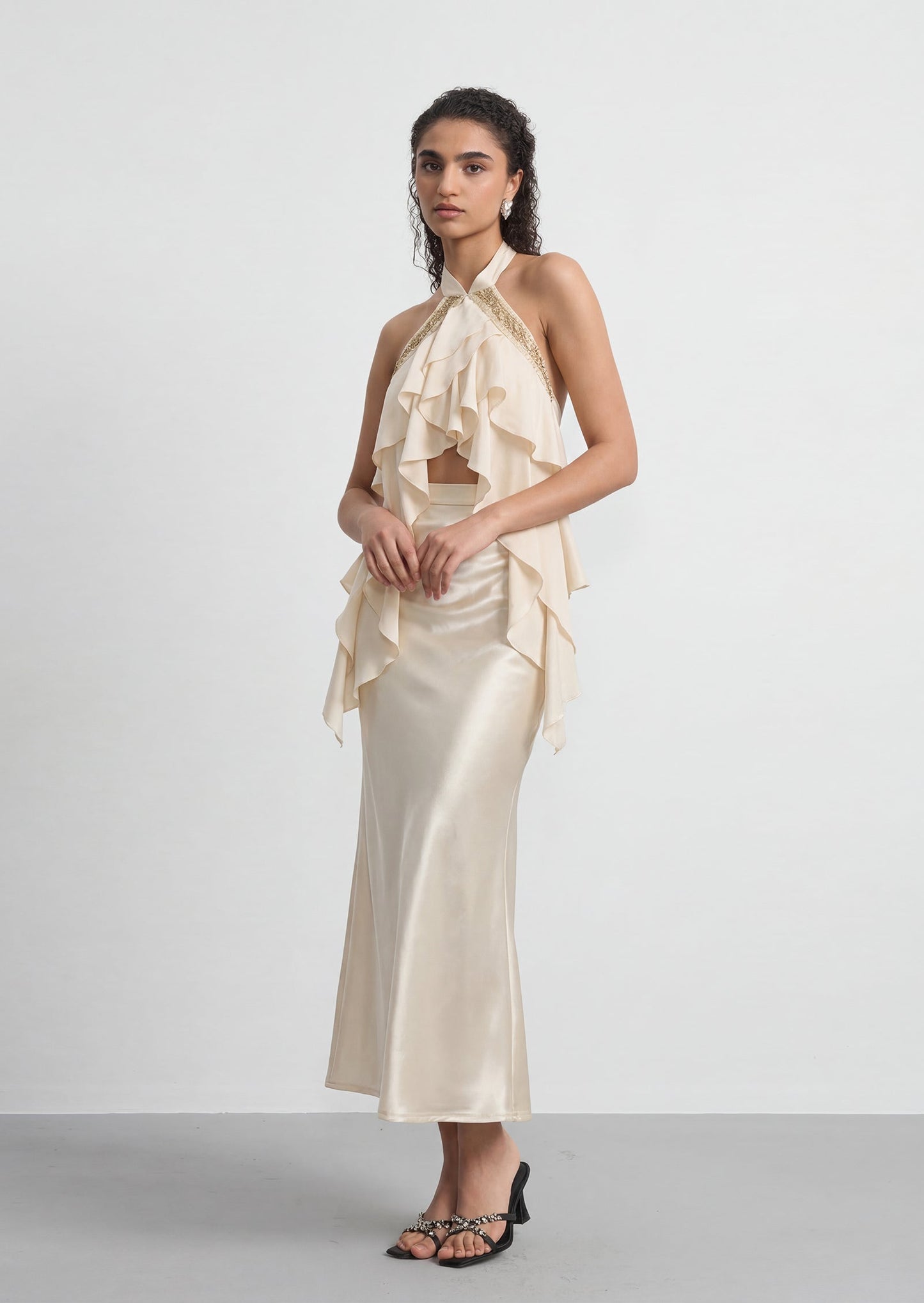 Romelle Halter Ruffled Top & Maxi Satin Skirt Set