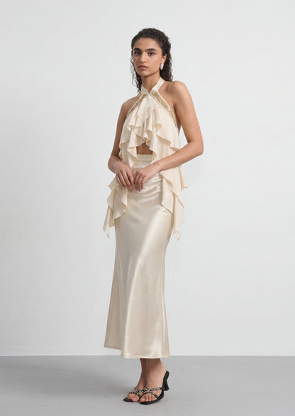 Romelle Halter Ruffled Top & Maxi Satin Skirt Set