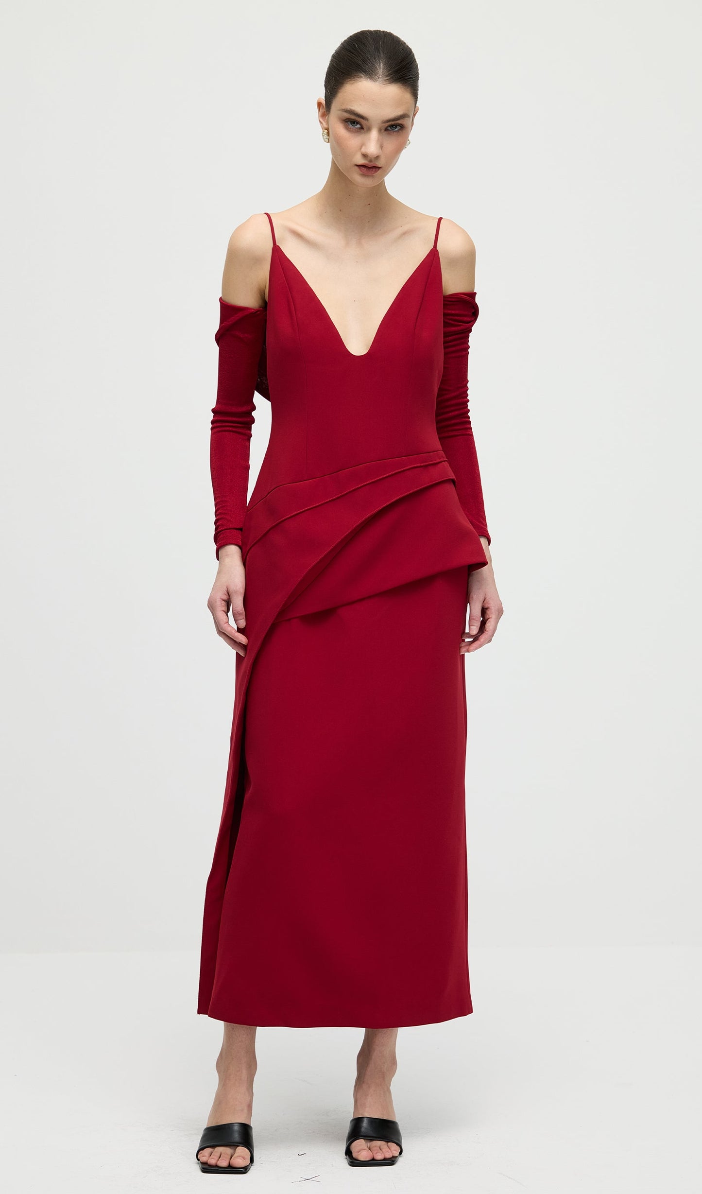 A Line Maxi Dress With V Neckline In Red