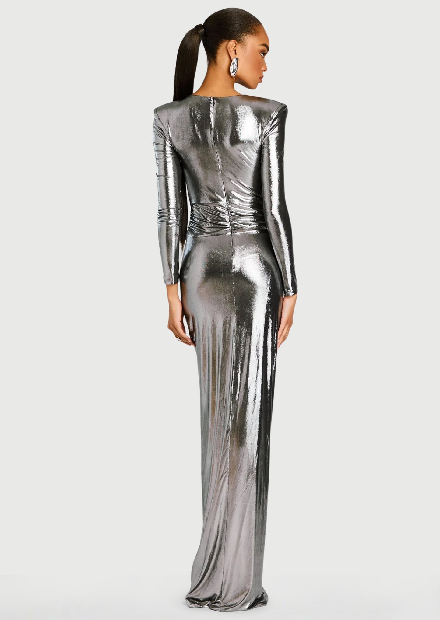 Metallic Slit Maxi Dress In Sliver