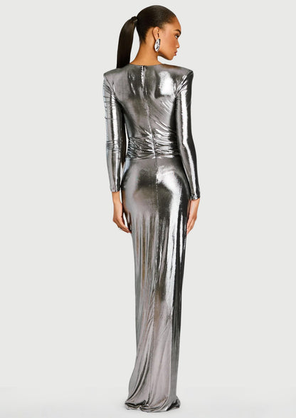 Metallic Slit Maxi Dress In Sliver