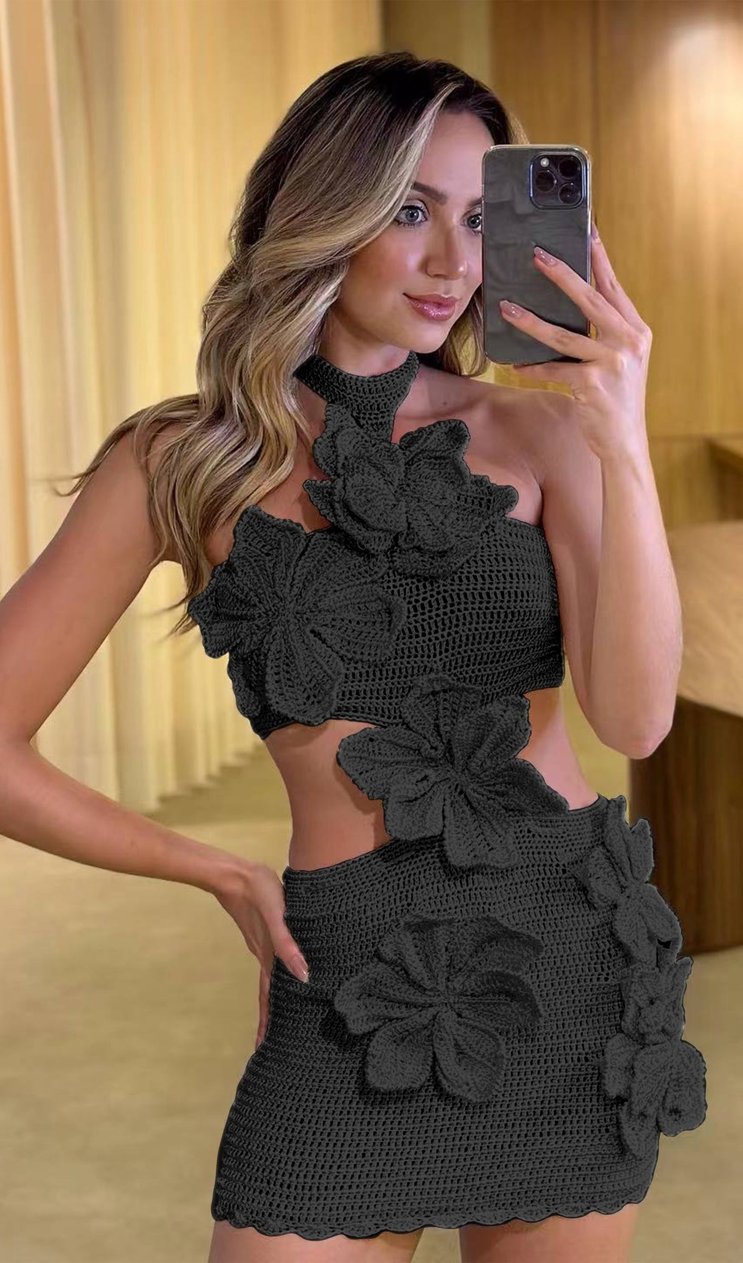 Knitted Flowers Hollow Out Mini Dress In White/Black