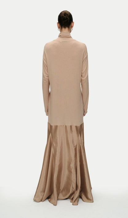 Turtleneck Long Sleeve Satin Maxi Dress In Beige