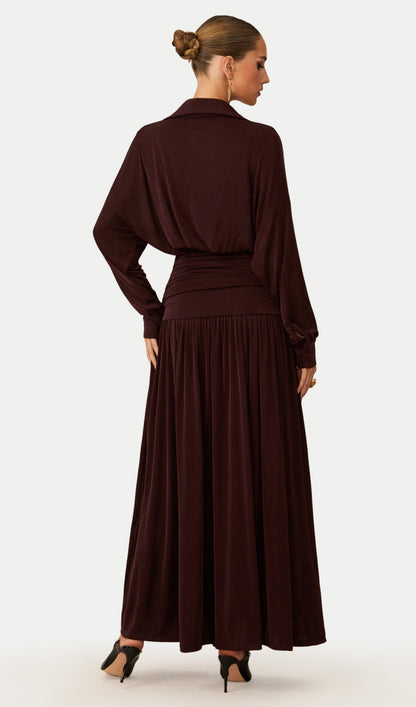 V Neck Ruched Waist Maxi Dress