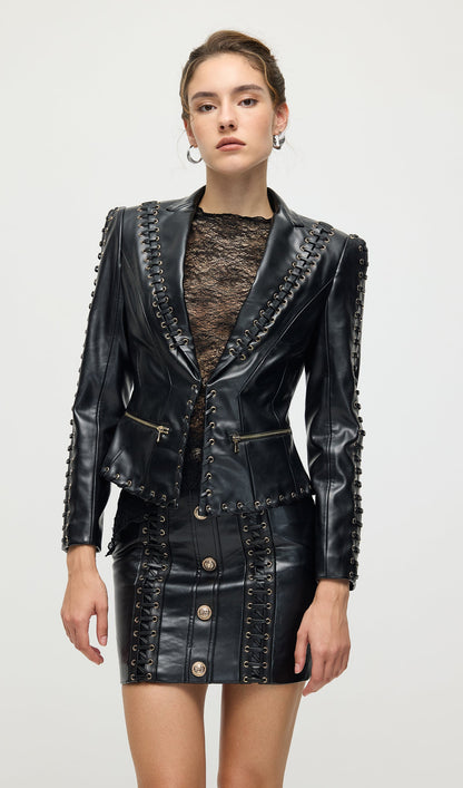 Rope Lacing Leather Jacket & Mini Skirt