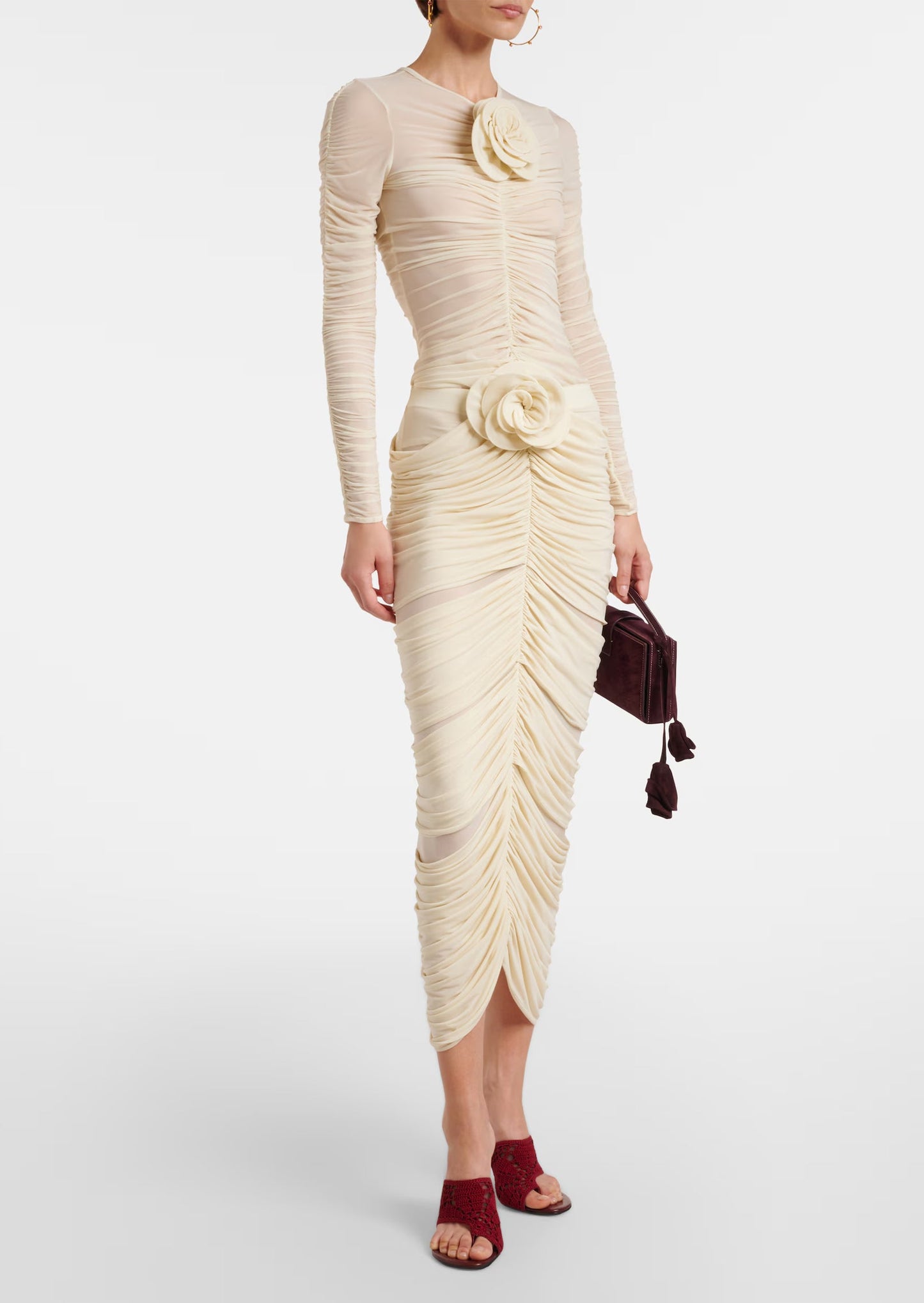 Floral-Applique Ruched Top & Midi Skirt Set