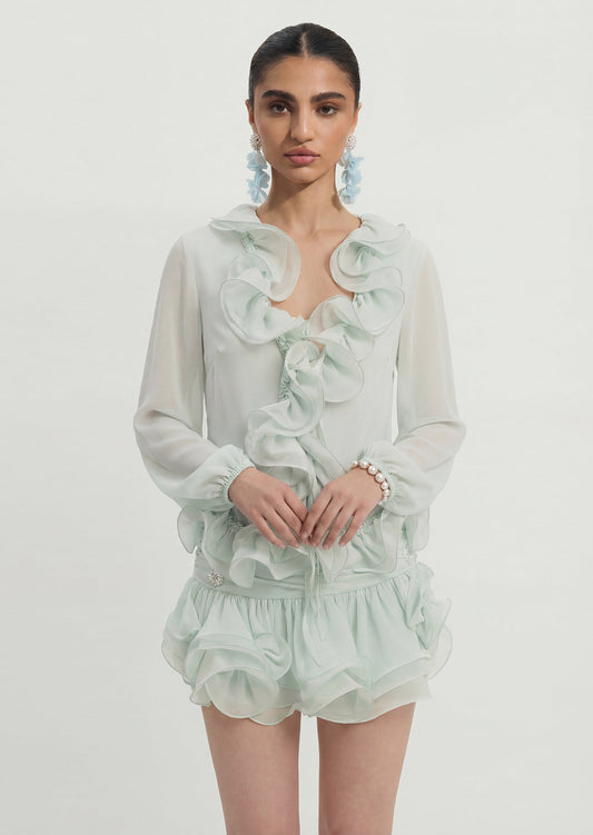 Flounced Chiffon Blouse & Skirt Two Piece Set