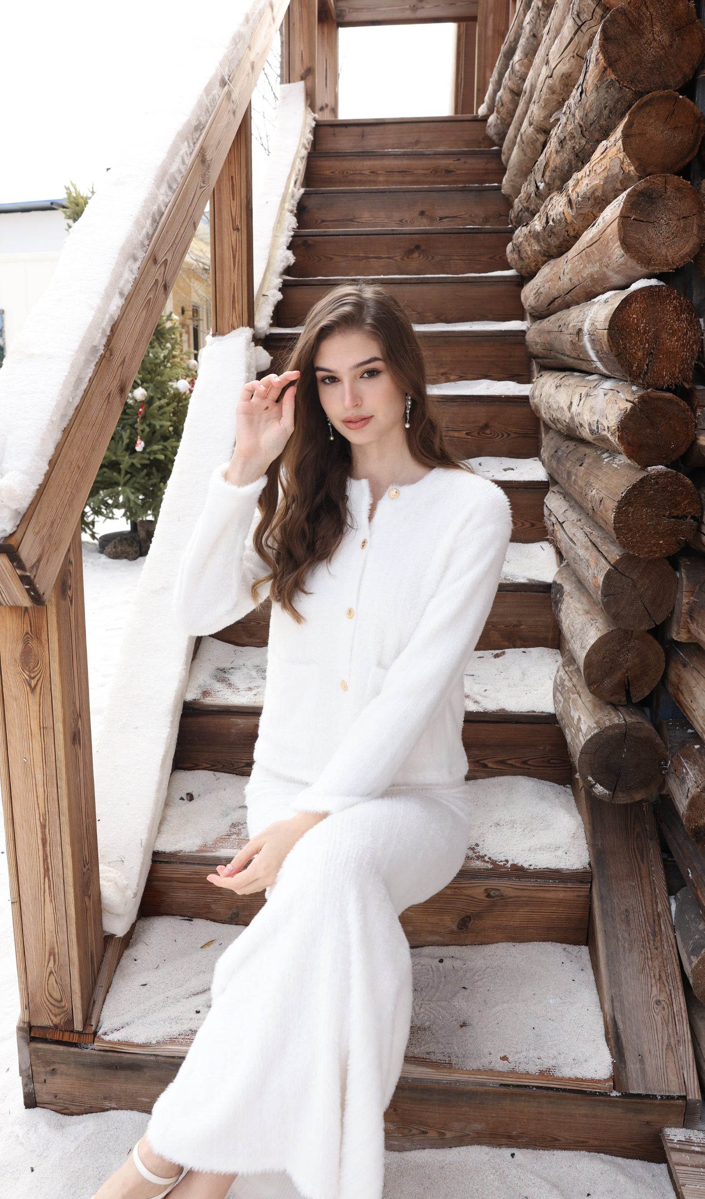 Fluffy Knitted Cardigan & Maxi Skirt Set White