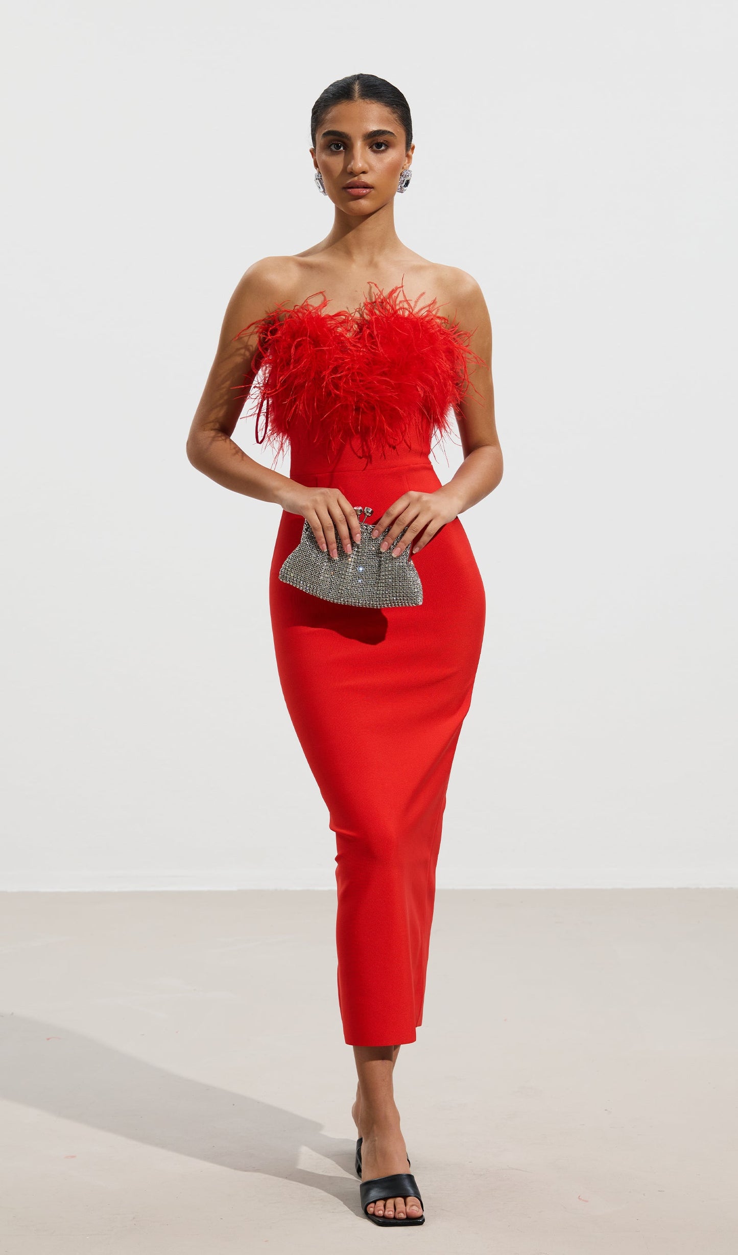 Lena Feather Trimmed Midi Dress Red