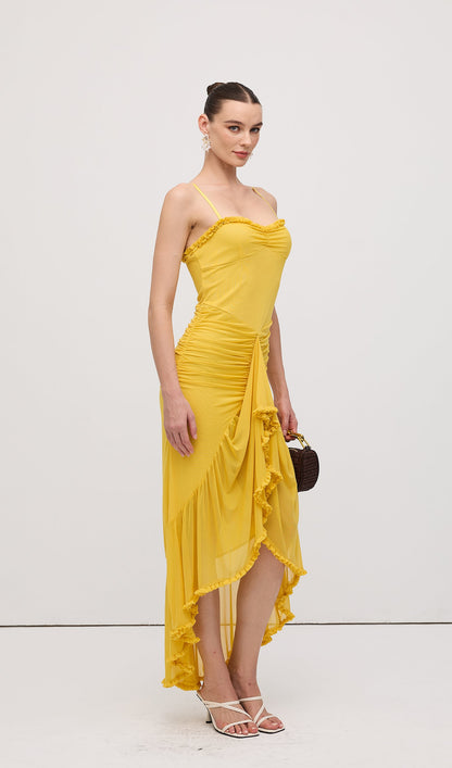 Mesh Ruffled Front Gown Maxi Dress Yellow